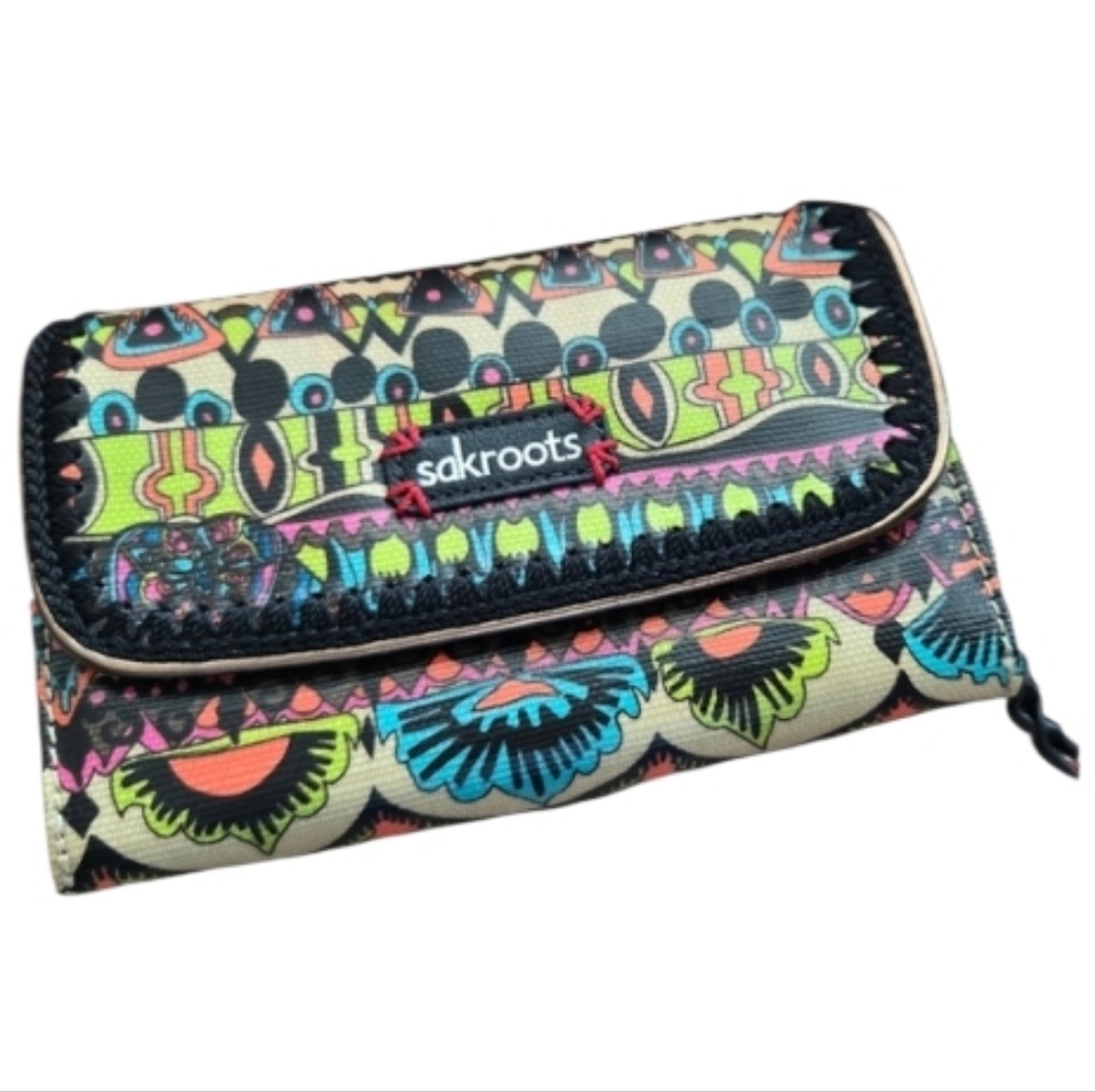 Sakroots Zip Wallet Purse Coated Canvas Peace Sign Design Many Pockets NO STRAP
